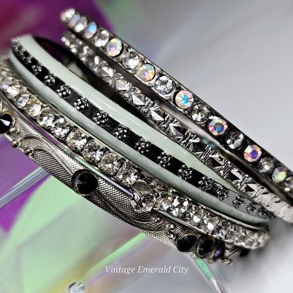 Celestial Collection Bangles Set Of 5 Mixed Enamel Rhinestone Sparkle Bracelets - Picture 7 of 14